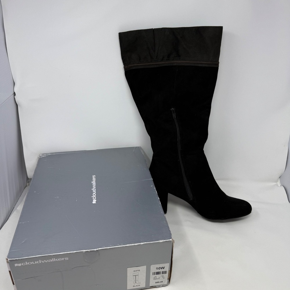 Cloudwalkers Sofie Black Tall Boots Block Heel Faux Suede Womens 10W Wide Width